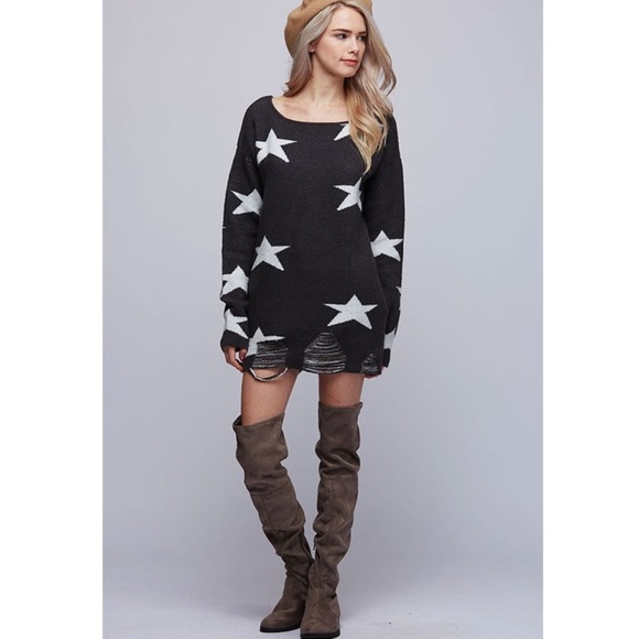 Dark Charcoal White Star Distressed Sweater Tunic - Picture 2 of 8